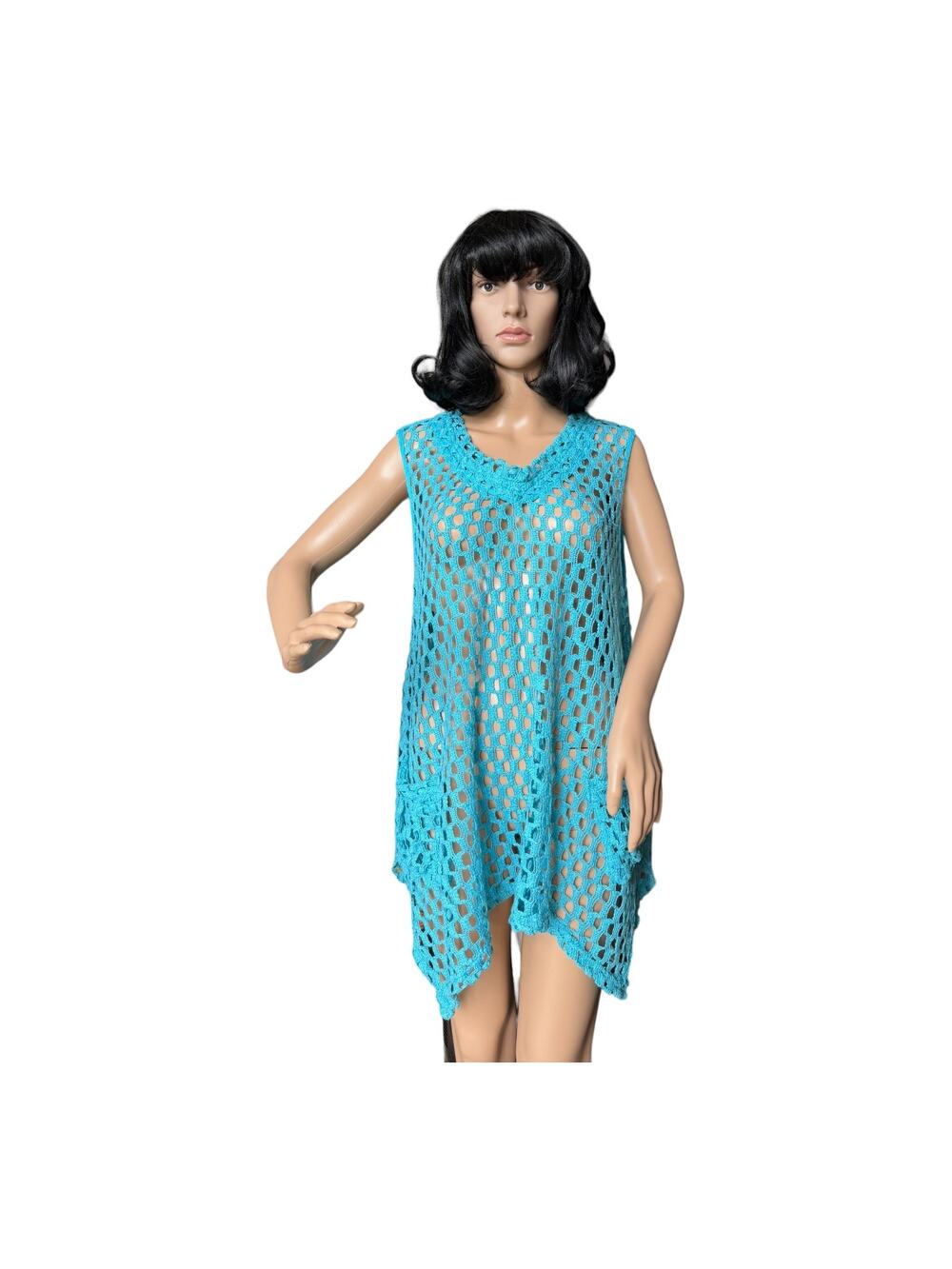 Kaktus sleeveless Tunic Open Weave Crochet Lagenlook Boho in blue size large